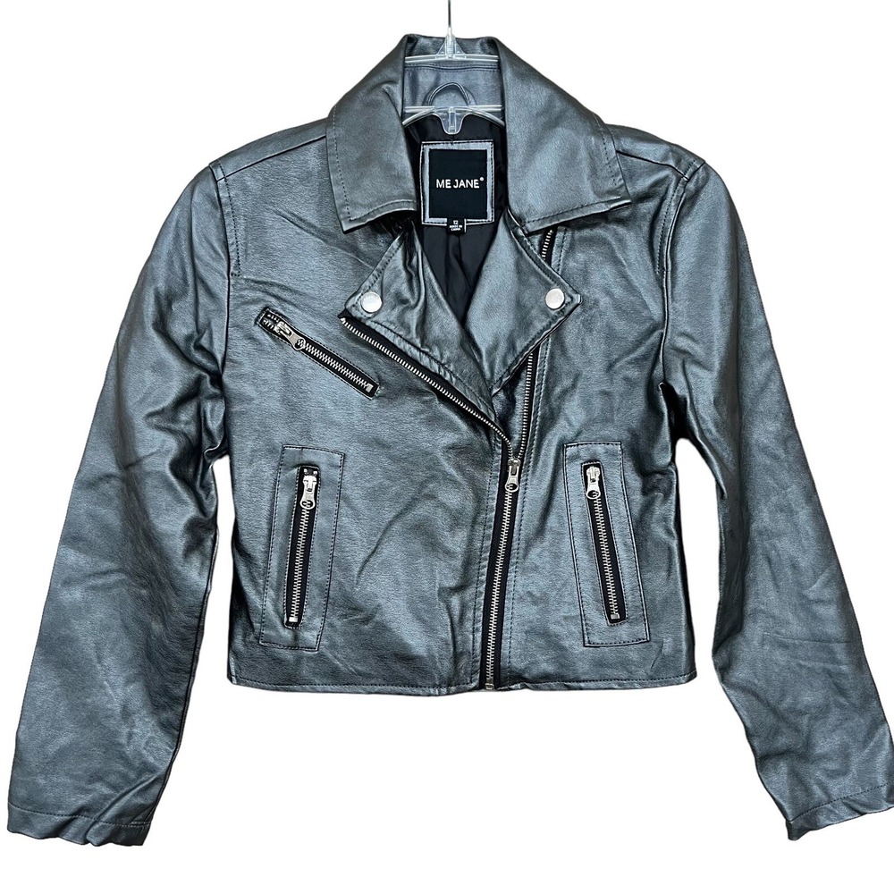 Me Jane Jacket Womens 12 Gray Faux Leather Fitted Biker Motorcycle Vegan